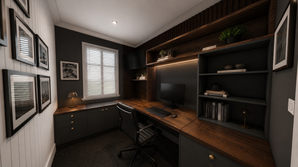 Custom home office interior design with timber joinery and built-in workstation