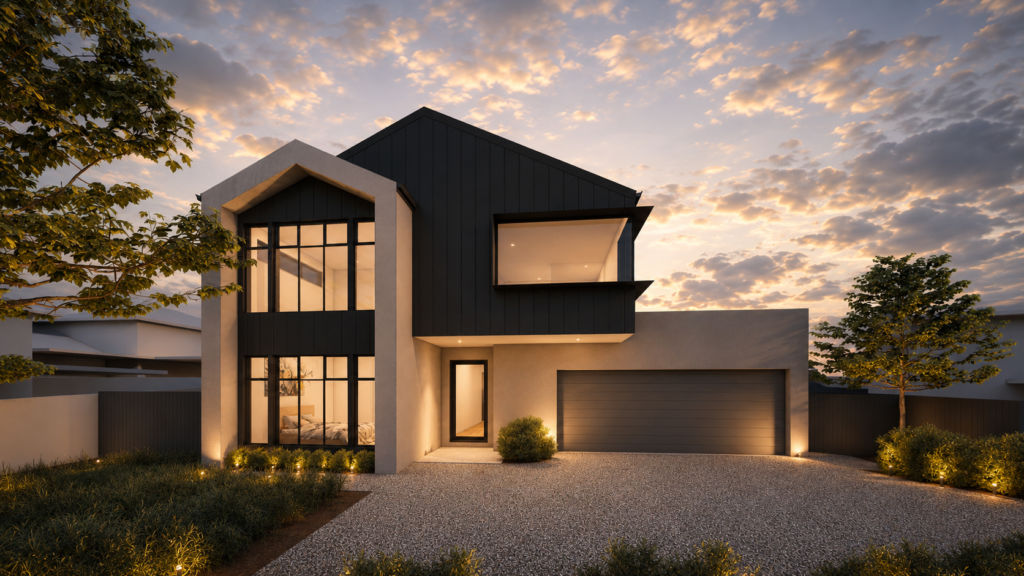 Contemporary two-storey custom home design created for backyard bubdivision