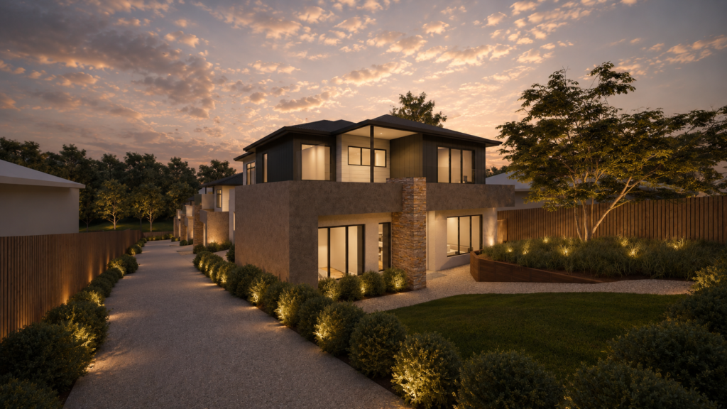 Residential building design demonstrating site planning and streetscape integration - 4 Lot Subdivision