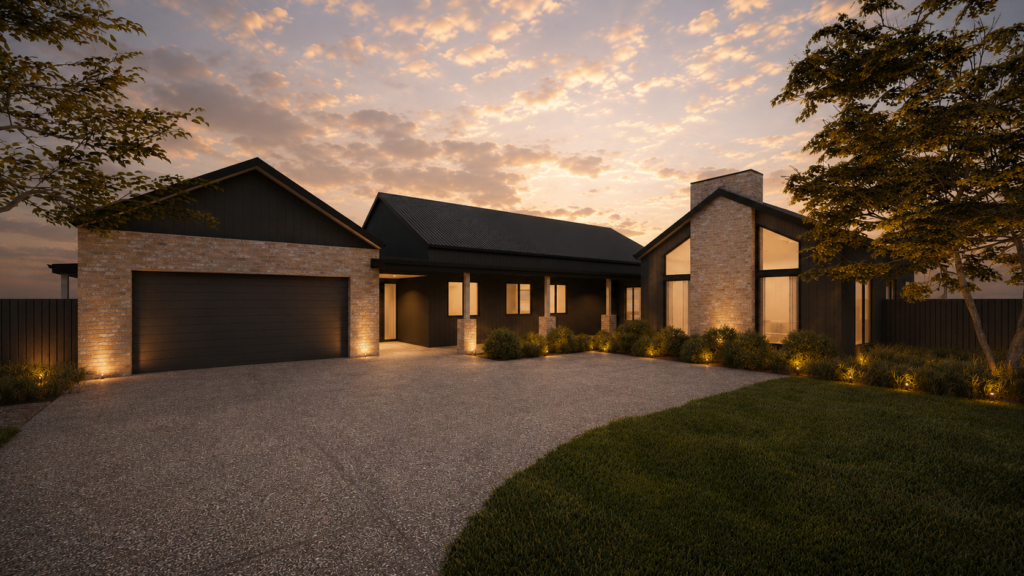 Architectural render showing a modern residential home designed by GM Building Design Large Lot Subdivision