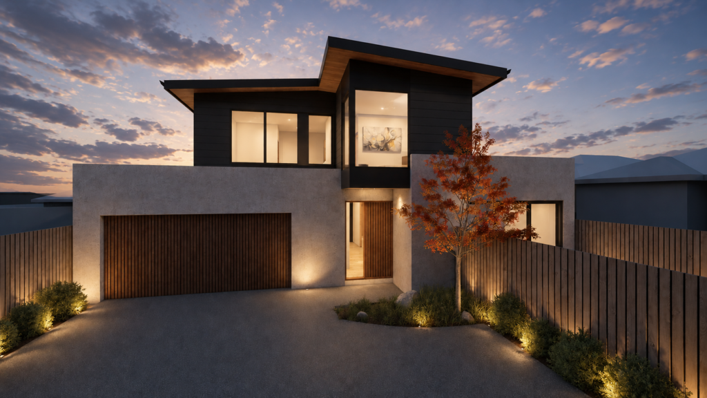 Architectural render of a custom-designed family home with modern facade - Backyard Subdivision